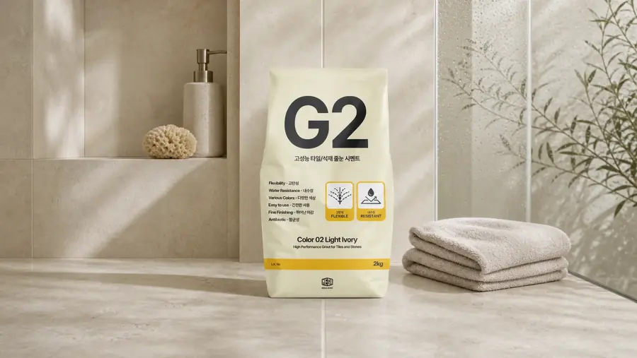 탄성줄눈 수건과 니치가 있는 욕실에 놓인 G2 포장 이미지