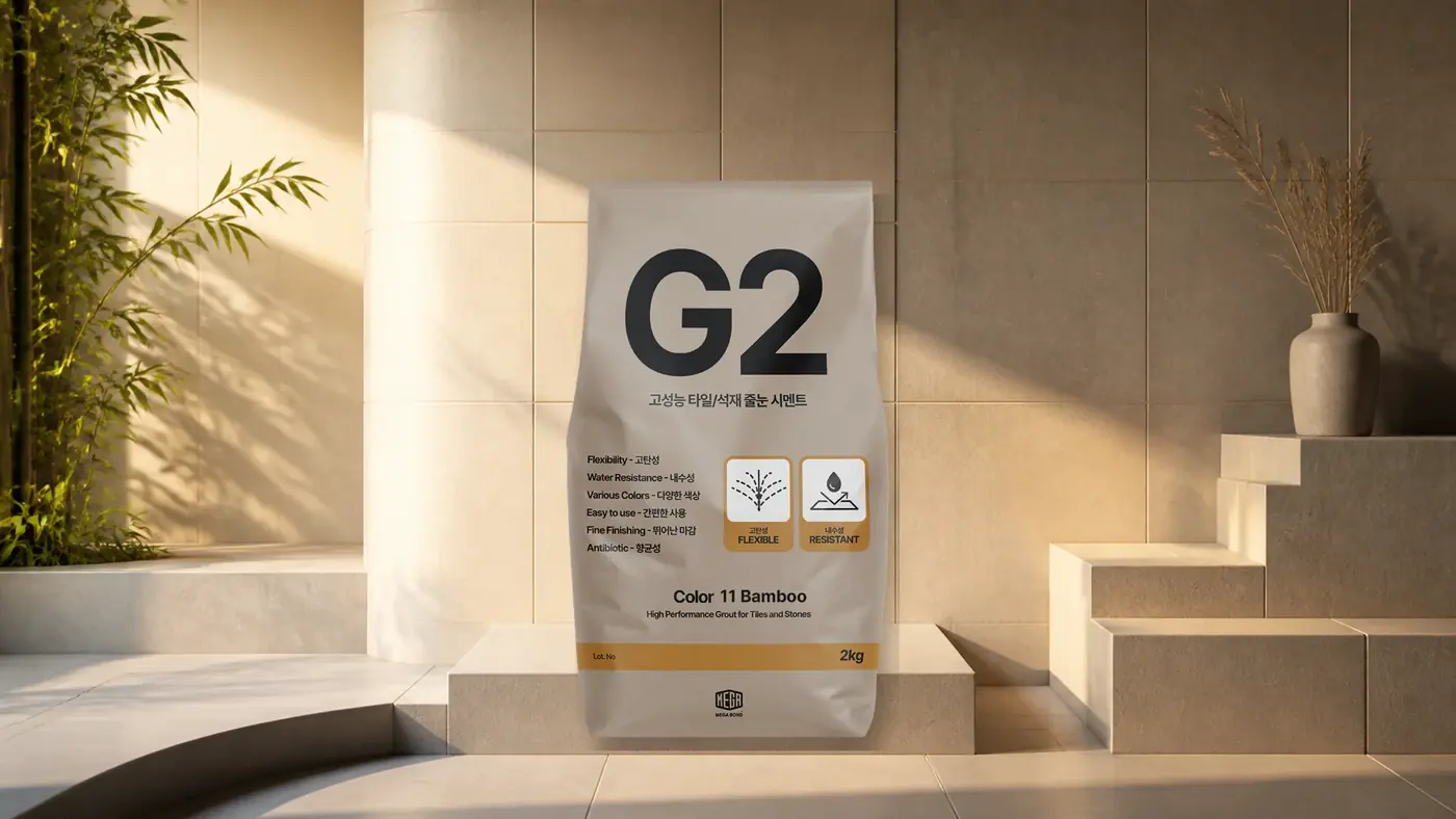 욕실줄눈 계단식 벤치가 있는 욕실 공간에 놓인 G2 포장 이미지
