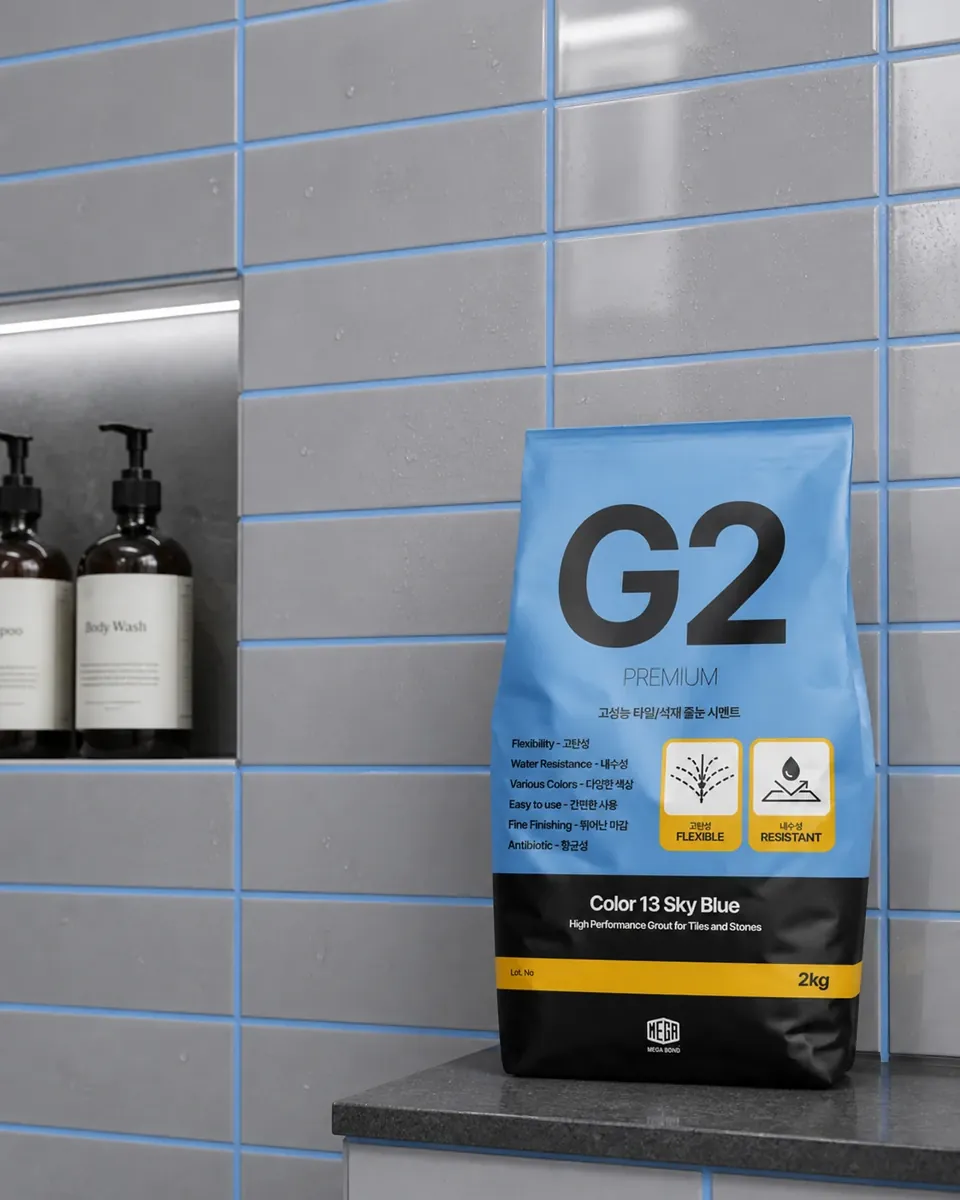 컬러줄눈 회색 샤워부스 벽 타일과 니치 주변 하늘색 줄눈 G2 Color 13 Sky Blue 이미지