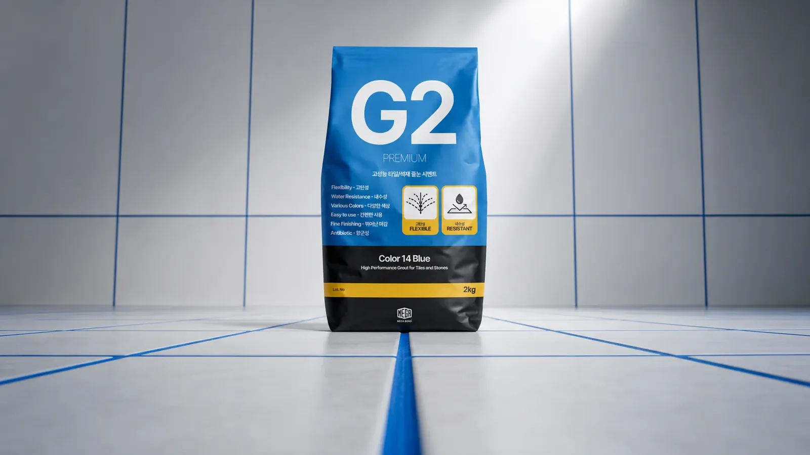 컬러줄눈 흰색 벽과 바닥 타일 위로 파란색 줄눈이 길게 이어지는 G2 Color 14 Blue 이미지