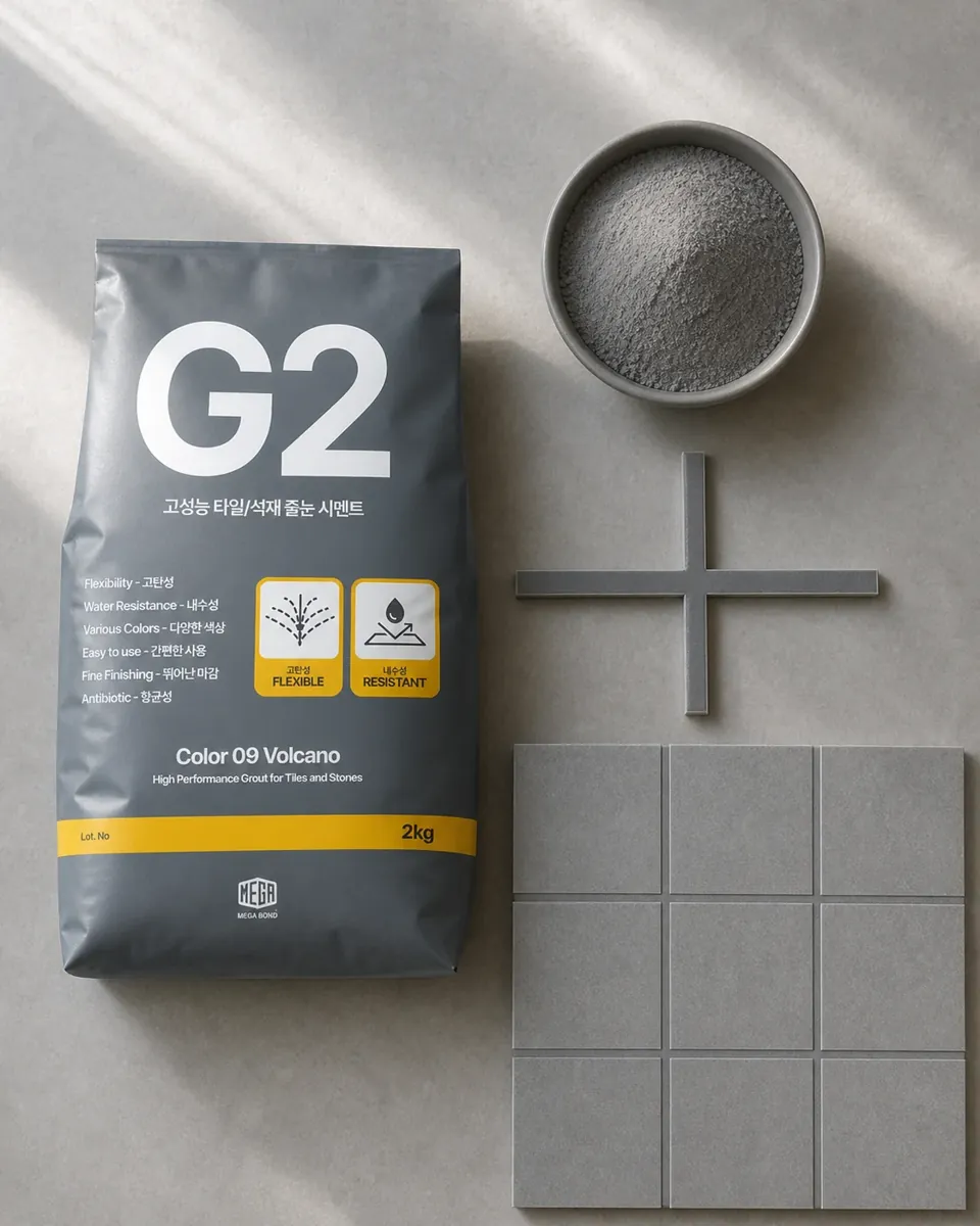 줄눈시멘트 G2 Color 09 Volcano 포장과 짙은 회색 줄눈 가루, 회색 타일 샘플 이미지