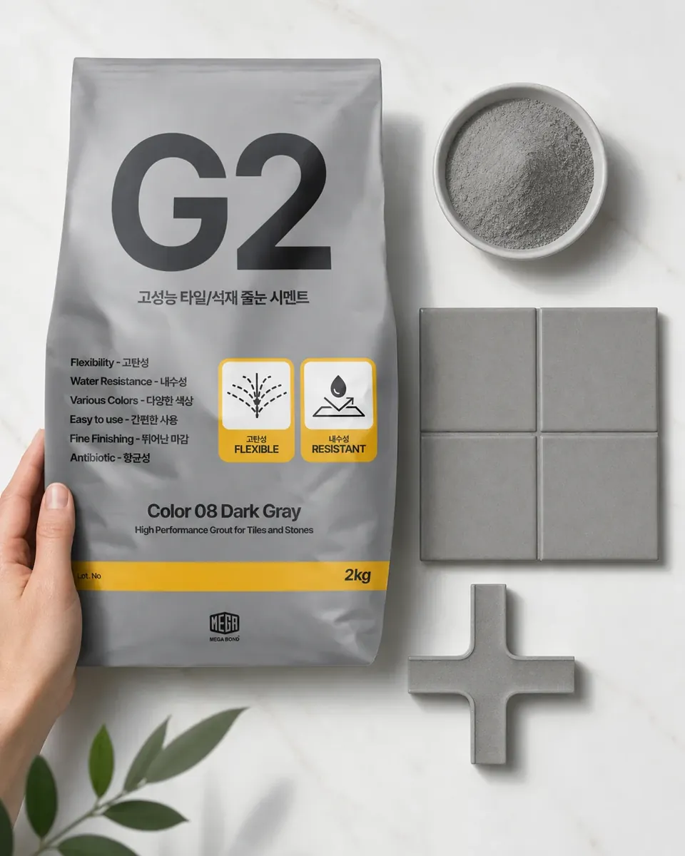 줄눈시멘트 G2 Color 08 Dark Gray 포장과 회색 줄눈 가루, 타일 샘플 이미지