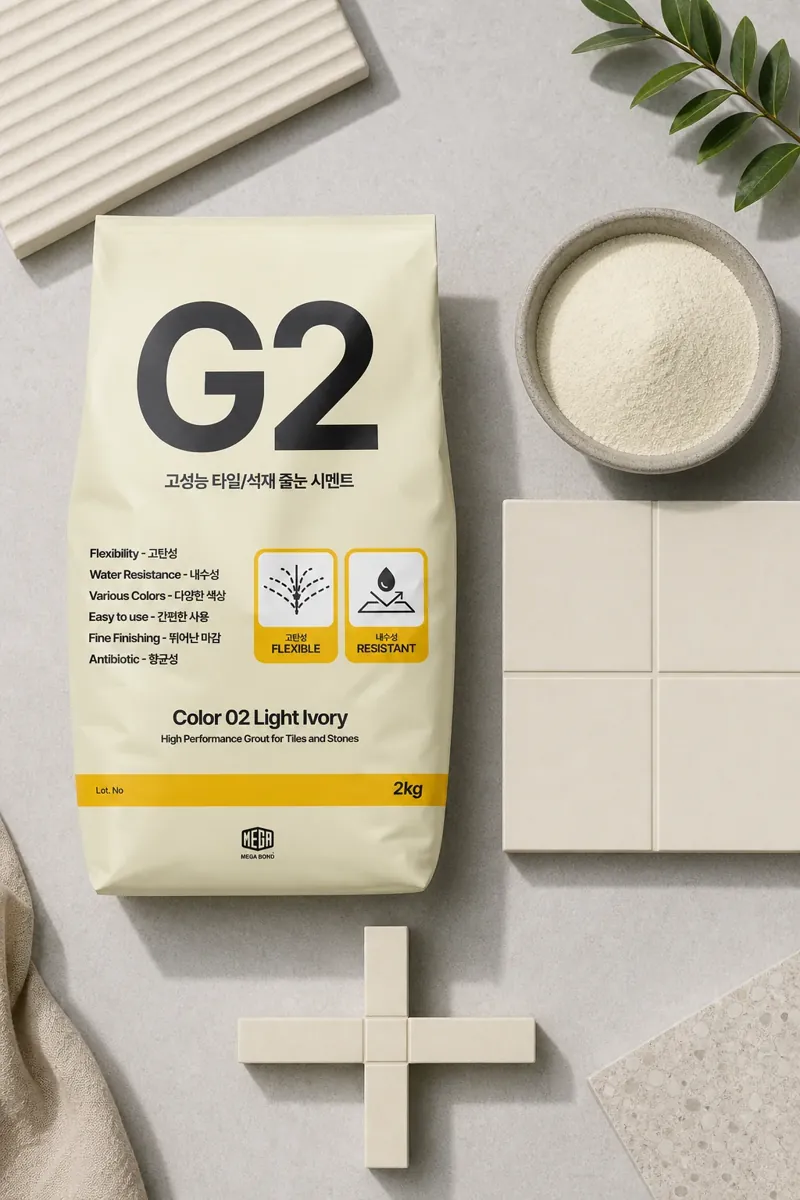 줄눈시멘트 G2 Color 02 Light Ivory 포장과 줄눈 가루, 아이보리 타일 샘플 이미지