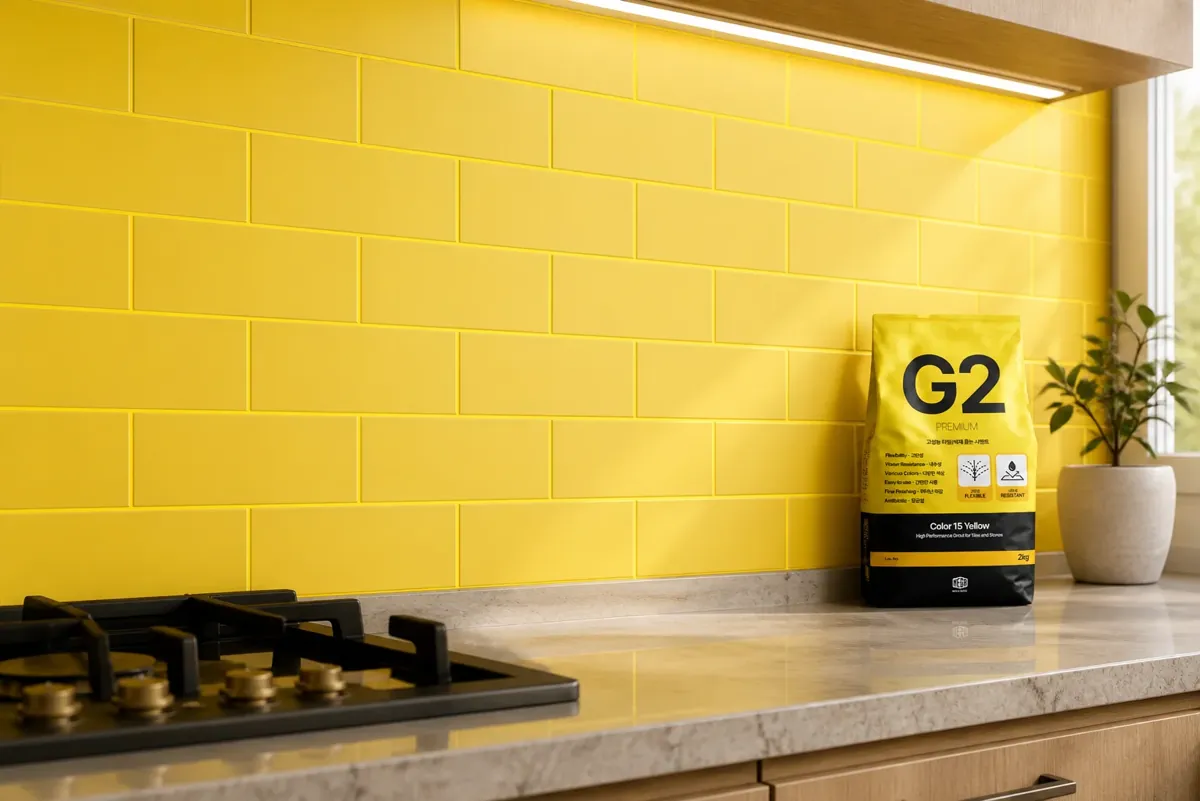 컬러줄눈 노란색 타일 주방 벽과 G2 Color 15 Yellow 포장 이미지